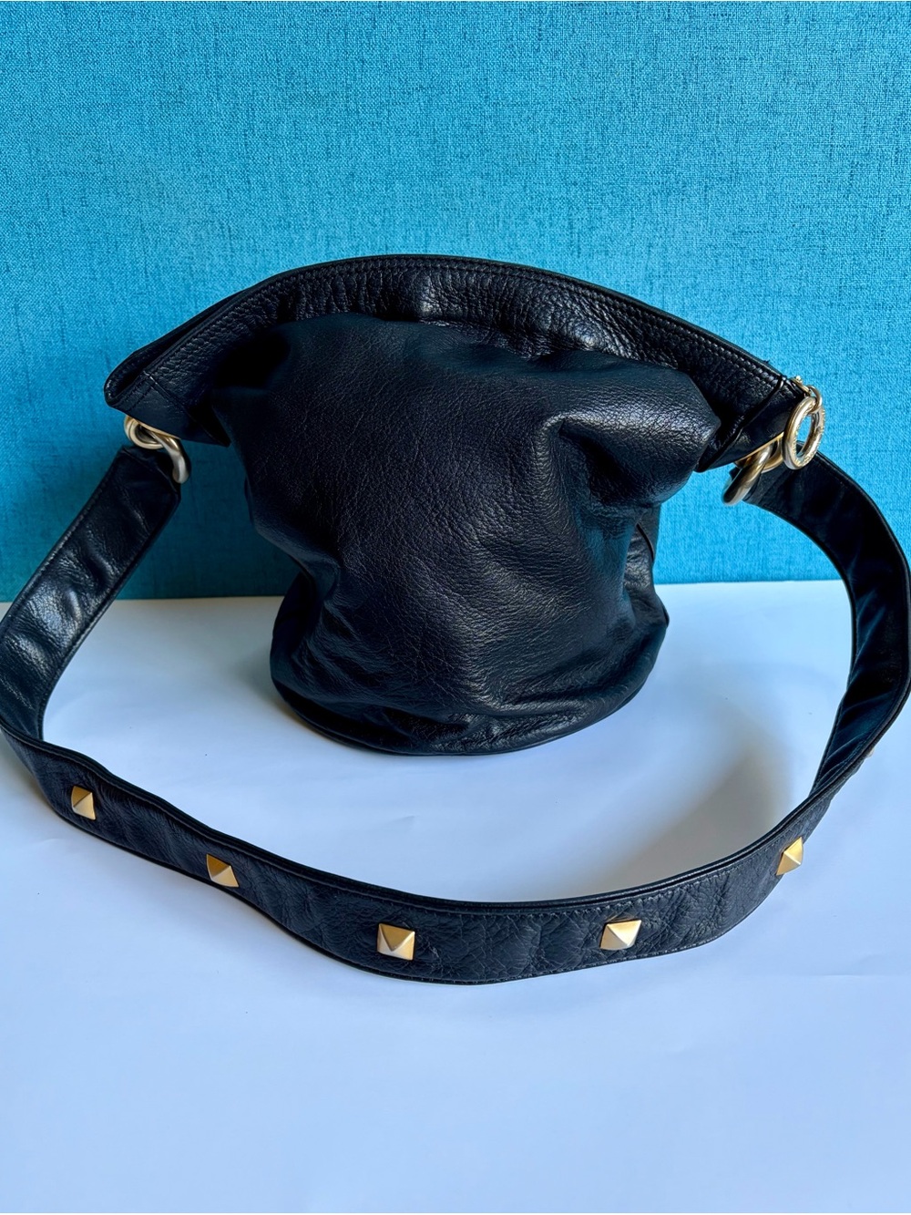 Donna Karan Black Leather Shoulder Bag with Studded Strap